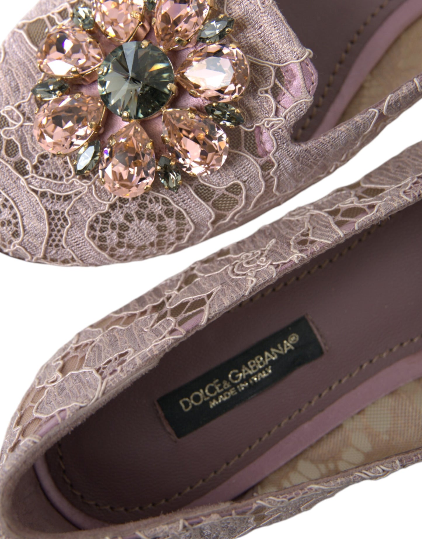 Mocassins ballerines en dentelle et cristaux roses Dolce &amp; Gabbana