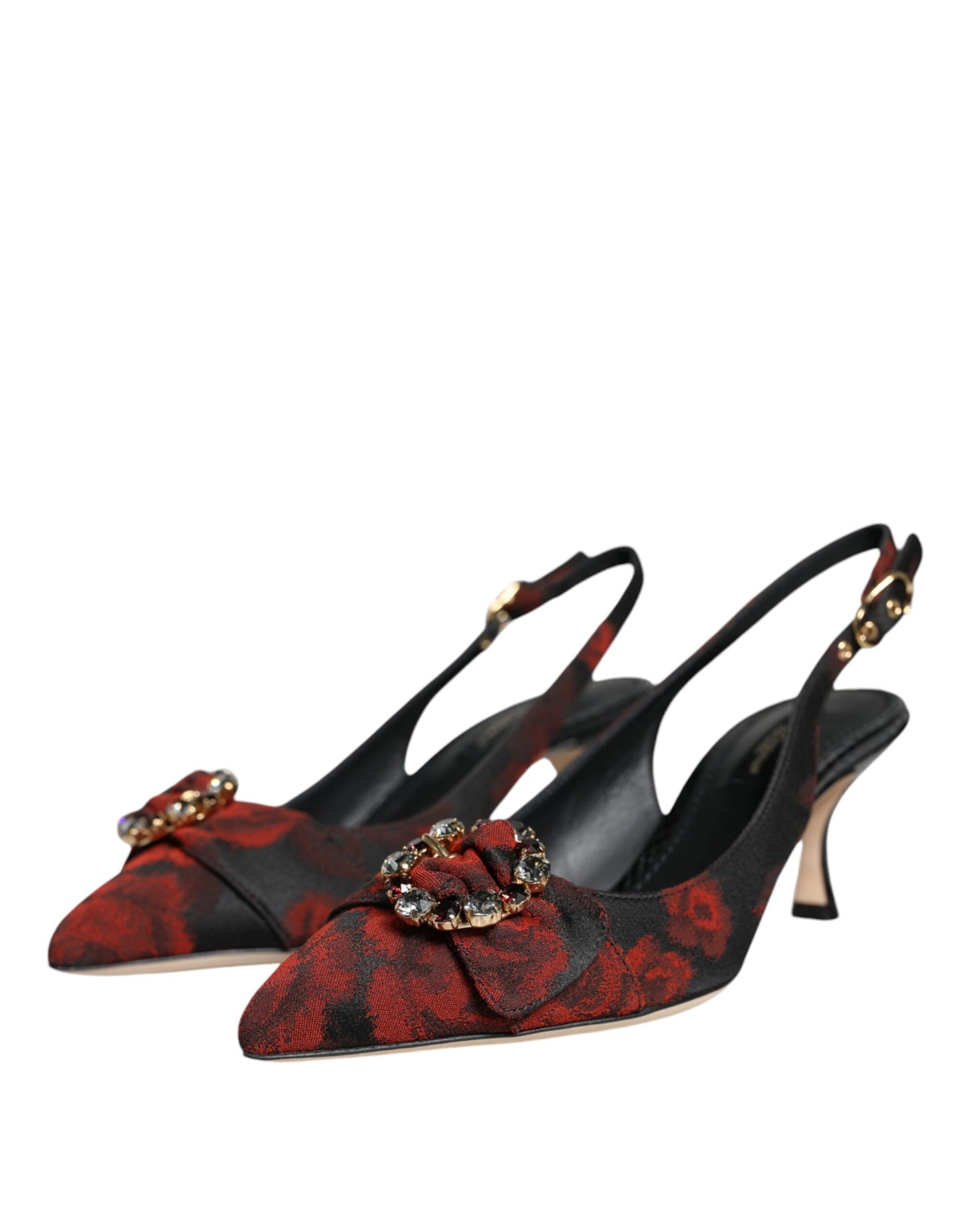 Dolce &amp; Gabbana Zapatos destalonados con tacón de cristal y flores en negro y rojo