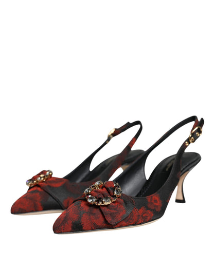 Dolce &amp; Gabbana Zapatos destalonados con tacón de cristal y flores en negro y rojo