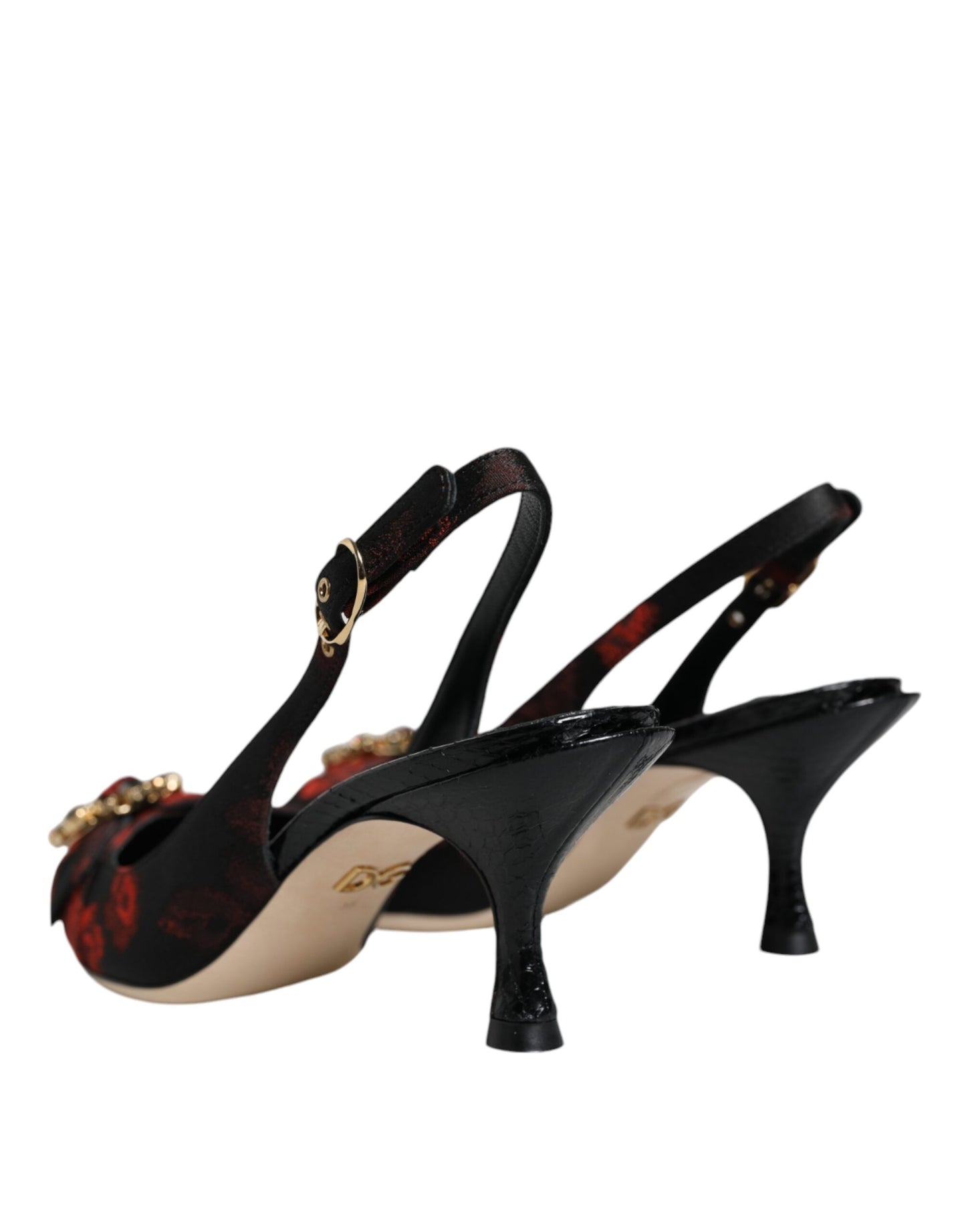 Dolce &amp; Gabbana Zapatos destalonados con tacón de cristal y flores en negro y rojo