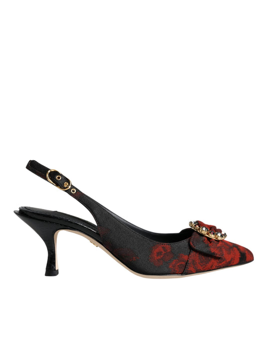 Dolce &amp; Gabbana Zapatos destalonados con tacón de cristal y flores en negro y rojo