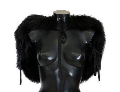 Dolce &amp; Gabbana Elegante bufanda cruzada de piel de zorro plateada negra