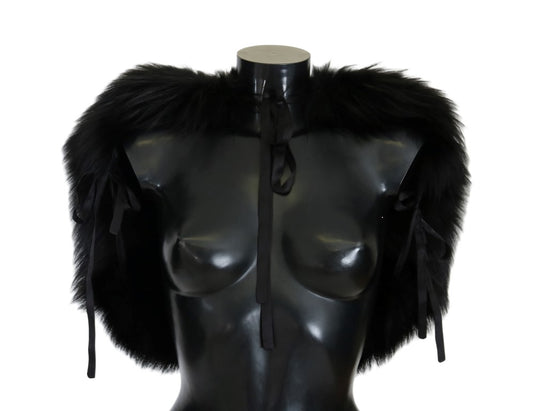 Dolce &amp; Gabbana Elegante bufanda cruzada de piel de zorro plateada negra