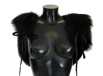 Dolce &amp; Gabbana Elegante bufanda de piel de zorro plateada negra