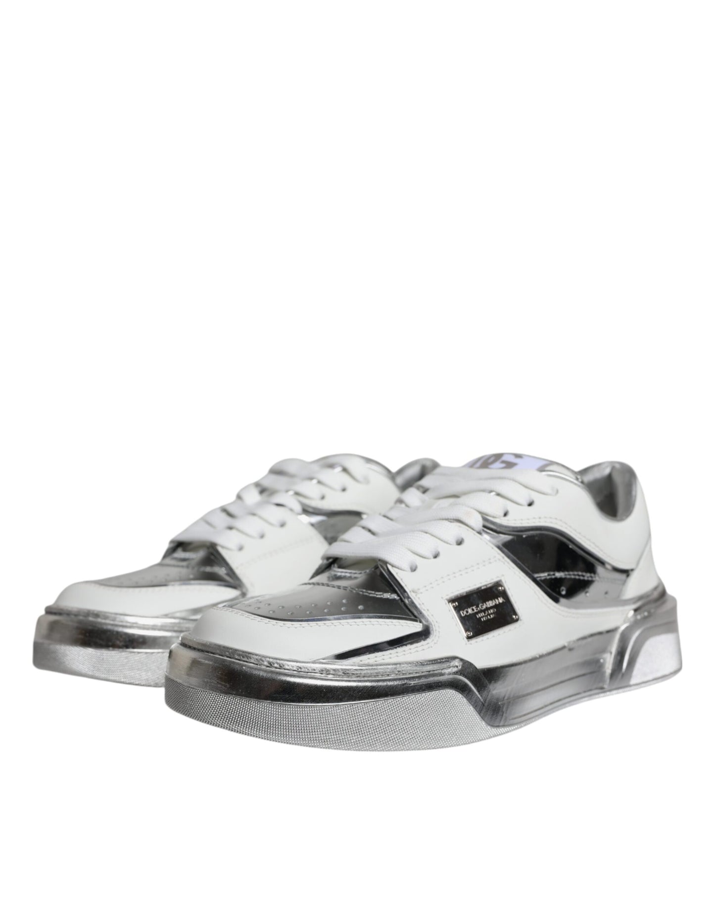 Dolce &amp; Gabbana Tenis De Cuero Blanco Plateado Zapatos