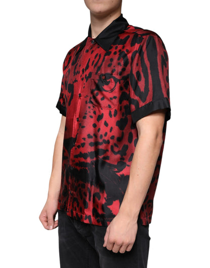 Dolce &amp; Gabbana Camisa casual con botones de seda de leopardo rojo