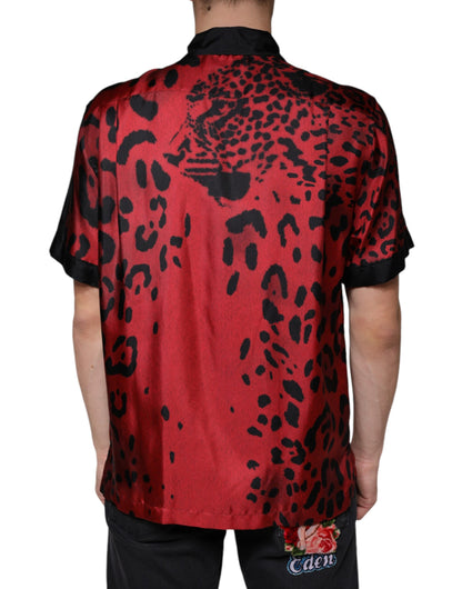 Dolce &amp; Gabbana Camisa casual con botones de seda de leopardo rojo