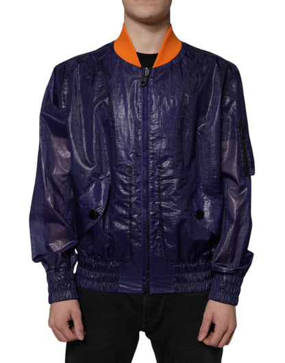 Dolce &amp; Gabbana Chaqueta bomber elástica de algodón azul con cremallera completa