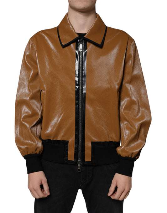 Dolce &amp; Gabbana Chaqueta bomber de hombre con cremallera completa de cuero marrón