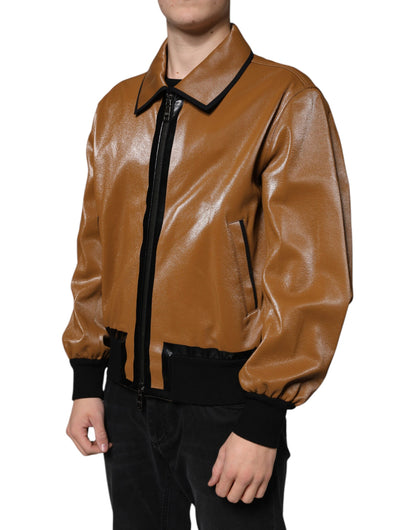 Dolce &amp; Gabbana Chaqueta bomber de hombre con cremallera completa de cuero marrón