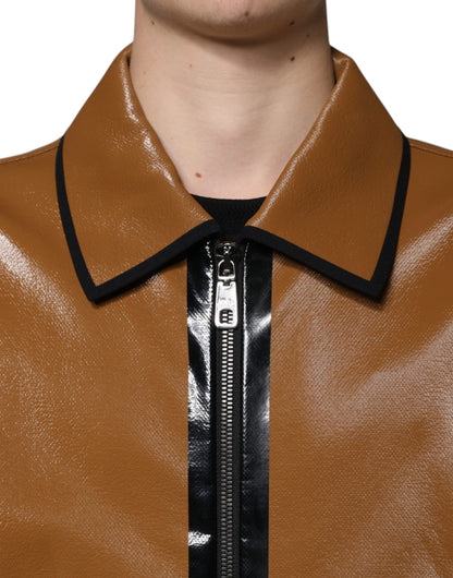 Dolce &amp; Gabbana Chaqueta bomber de hombre con cremallera completa de cuero marrón