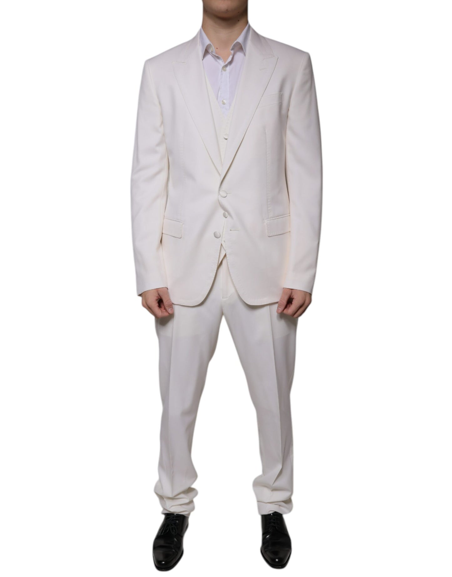 Dolce &amp; Gabbana Traje formal ajustado de 3 piezas de seda y lana blanca