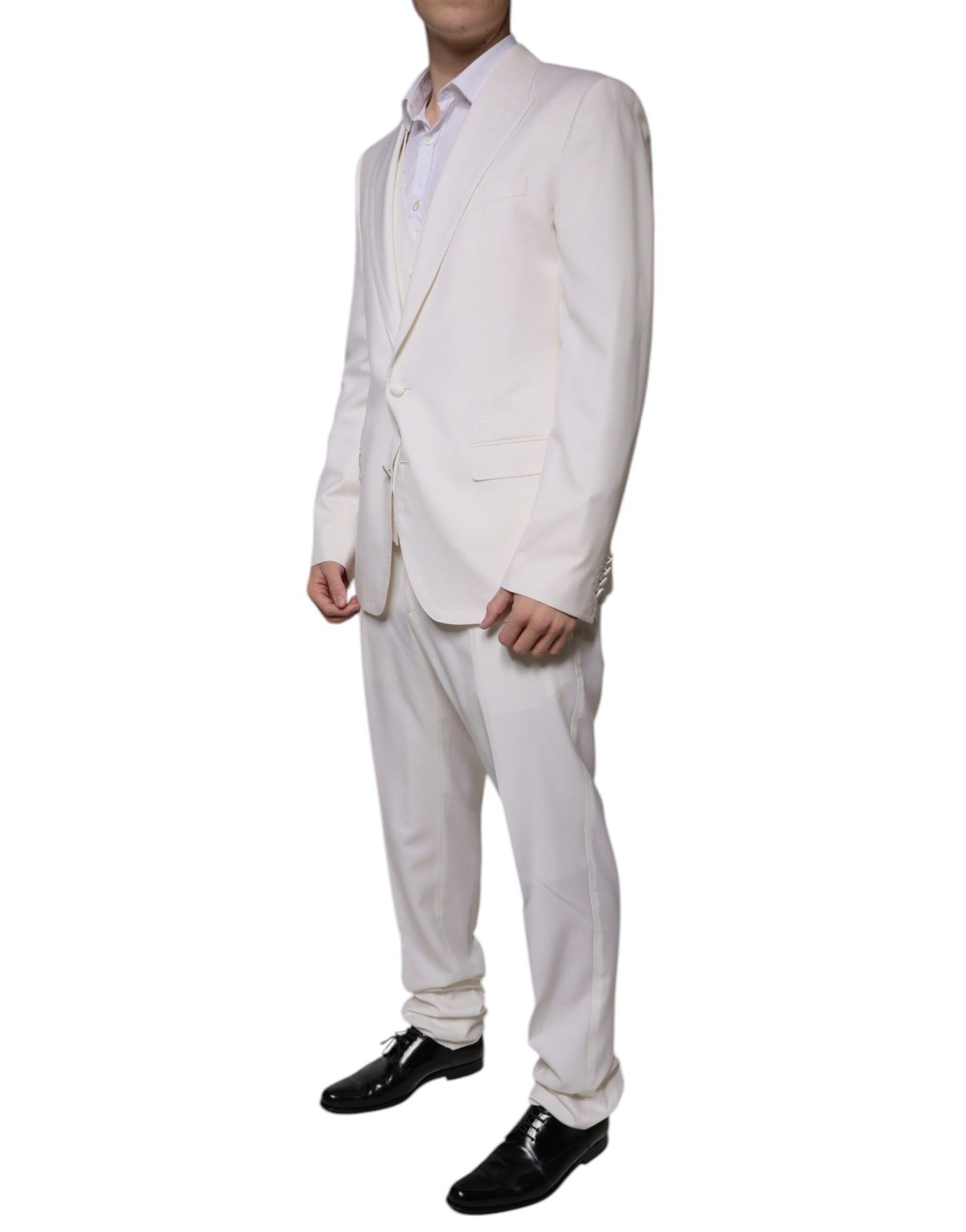 Dolce &amp; Gabbana Traje formal ajustado de 3 piezas de seda y lana blanca
