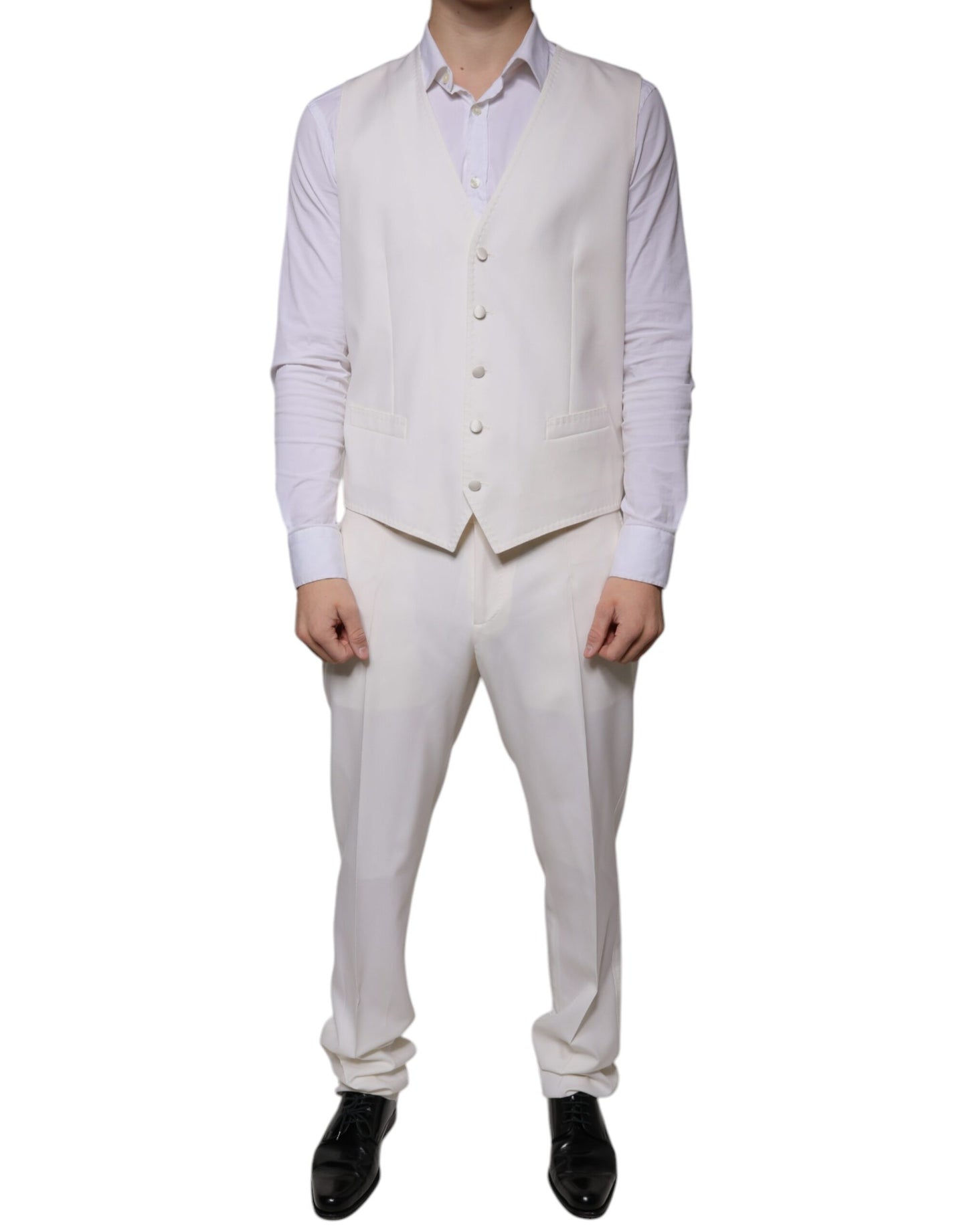 Dolce &amp; Gabbana Traje formal ajustado de 3 piezas de seda y lana blanca
