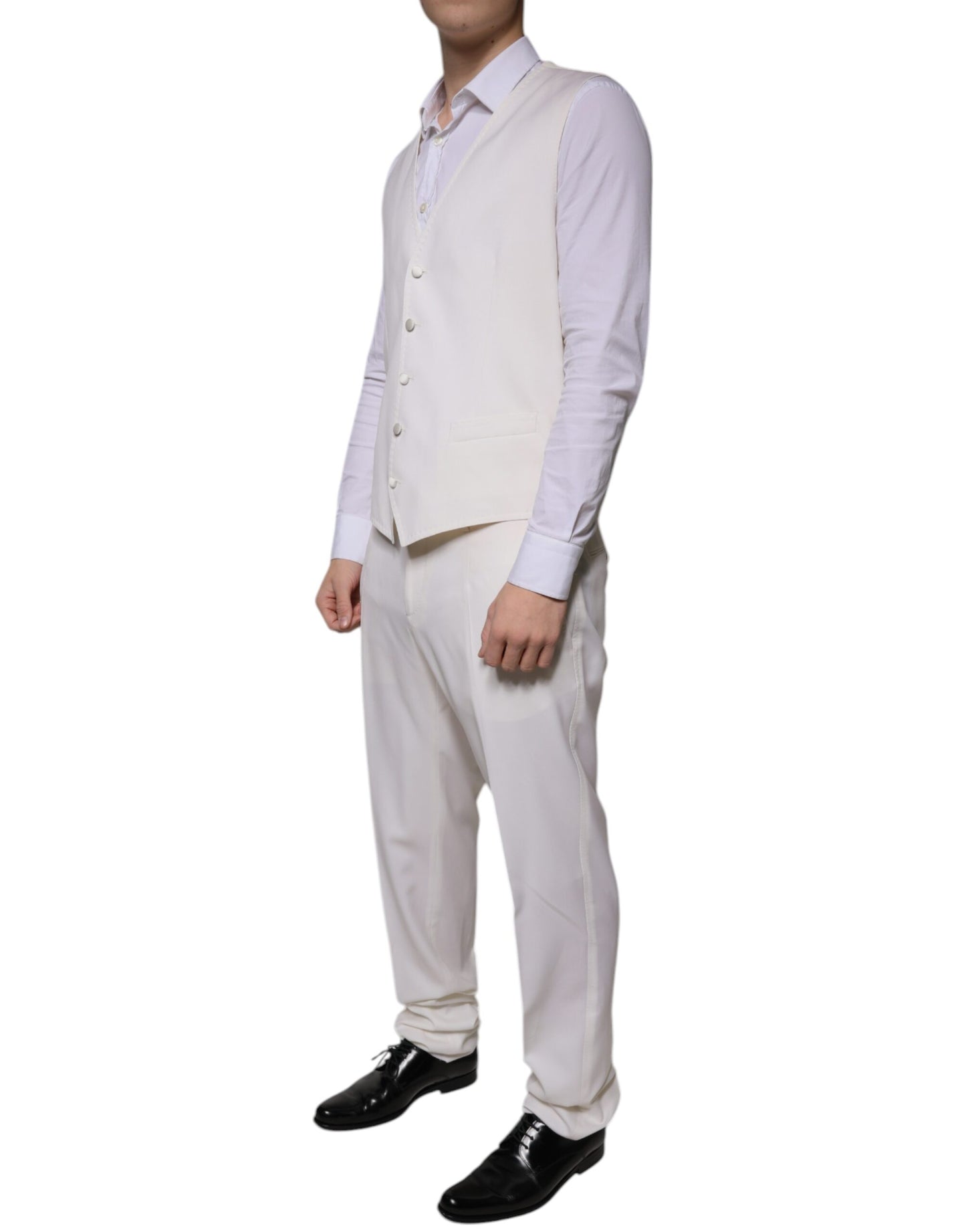 Dolce &amp; Gabbana Traje formal ajustado de 3 piezas de seda y lana blanca