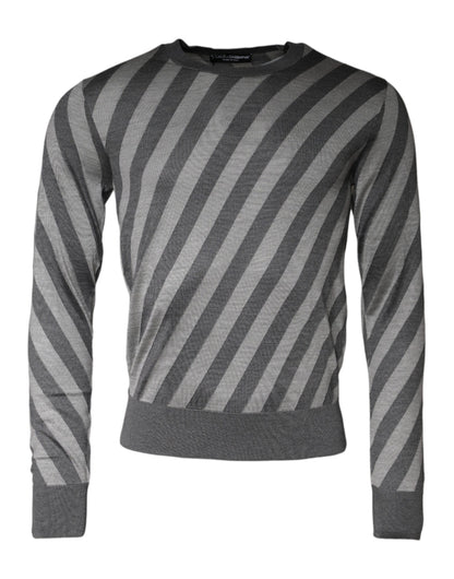 Dolce &amp; Gabbana Gray Stripes Long Sleeve Round Neck Pullover Sweater