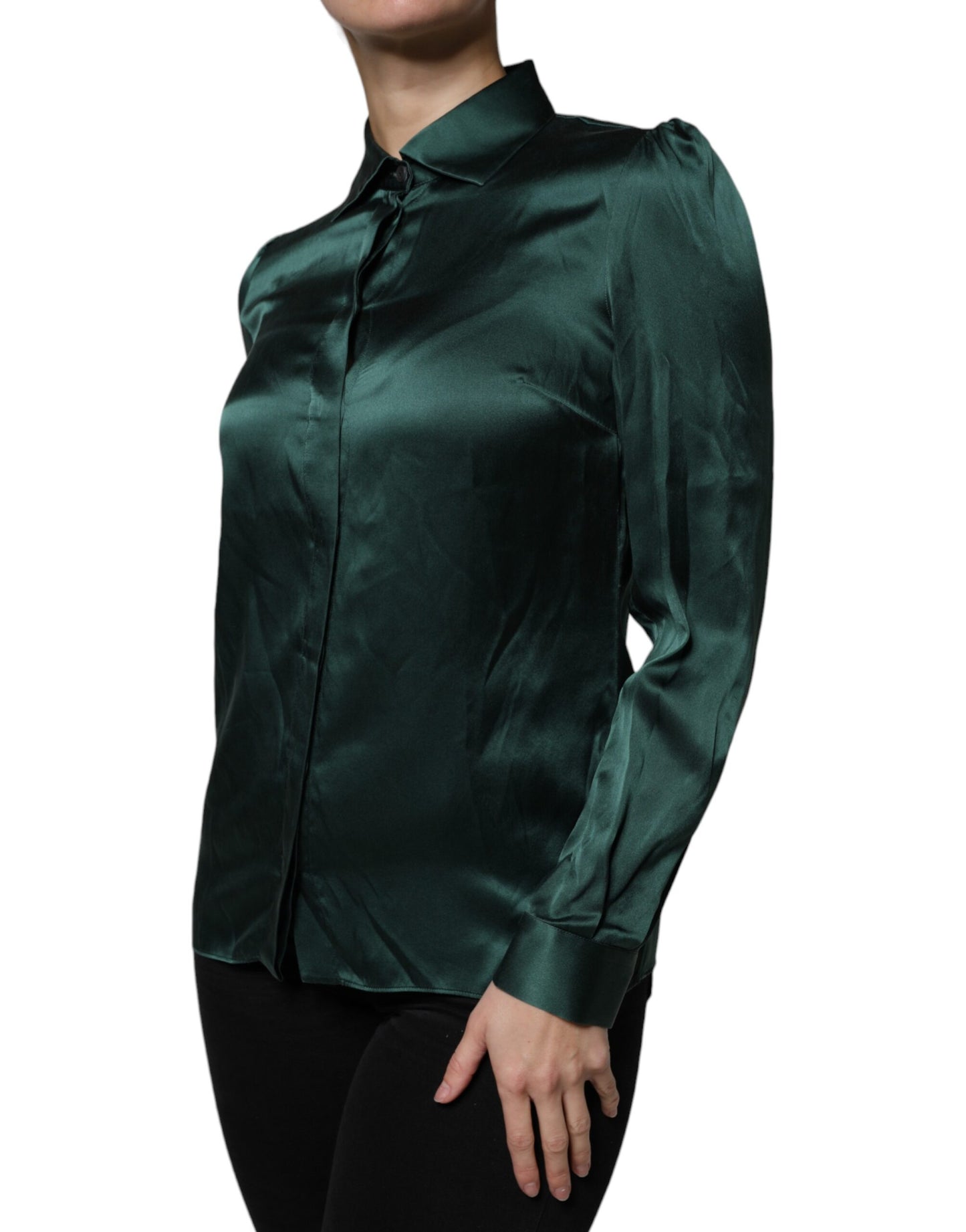 Dolce &amp; Gabbana Dark Green Silk Button Down Long Sleeves Blouse Top