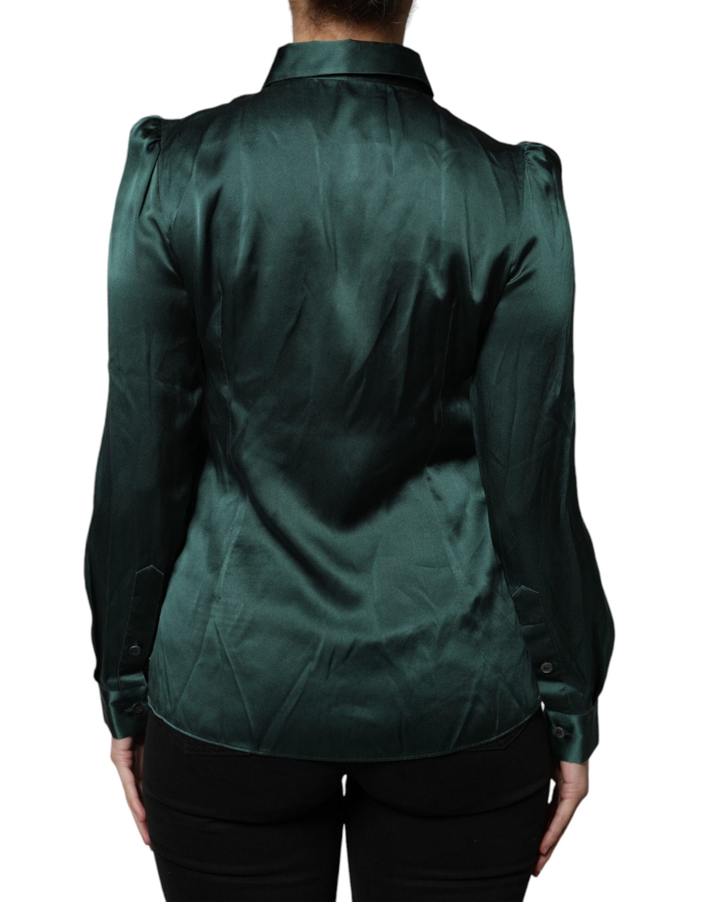 Dolce &amp; Gabbana Dark Green Silk Button Down Long Sleeves Blouse Top