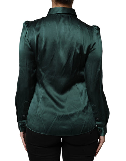 Dolce &amp; Gabbana Dark Green Silk Button Down Long Sleeves Blouse Top