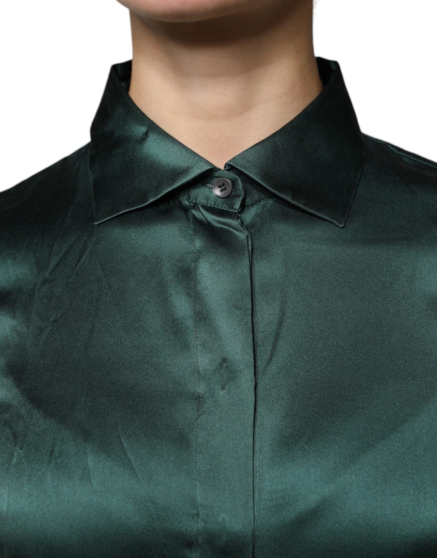 Dolce &amp; Gabbana Dark Green Silk Button Down Long Sleeves Blouse Top