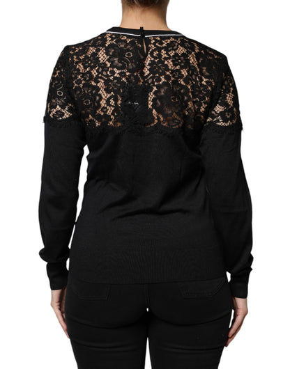Dolce &amp; Gabbana Blusa tipo jersey de seda con encaje floral negro