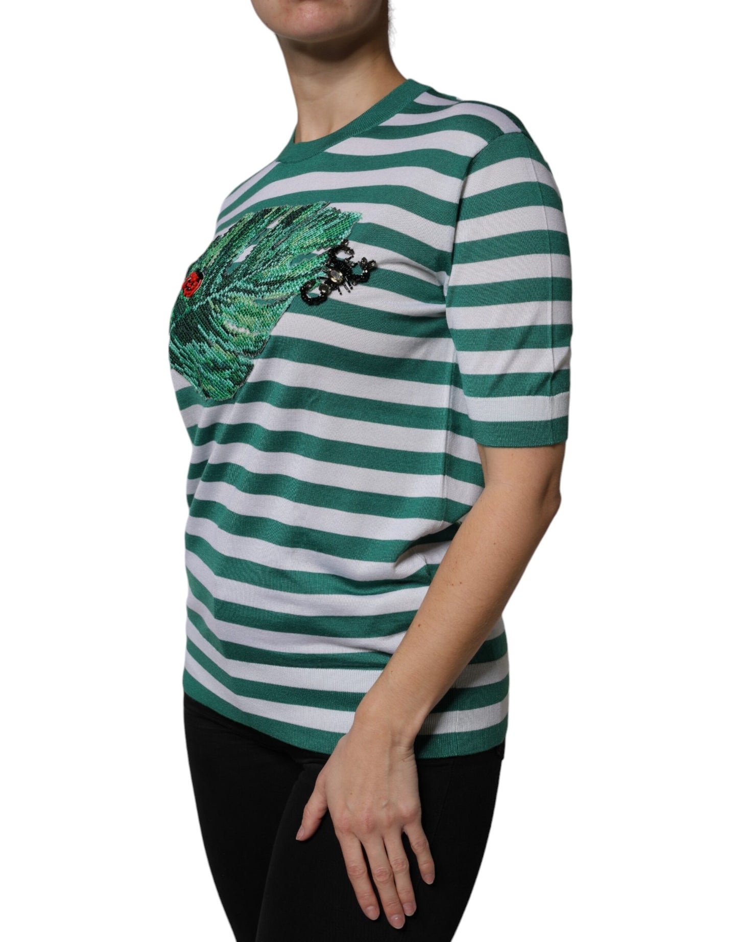 Dolce &amp; Gabbana White Green Stripe Leaf Crew Neck T-shirt