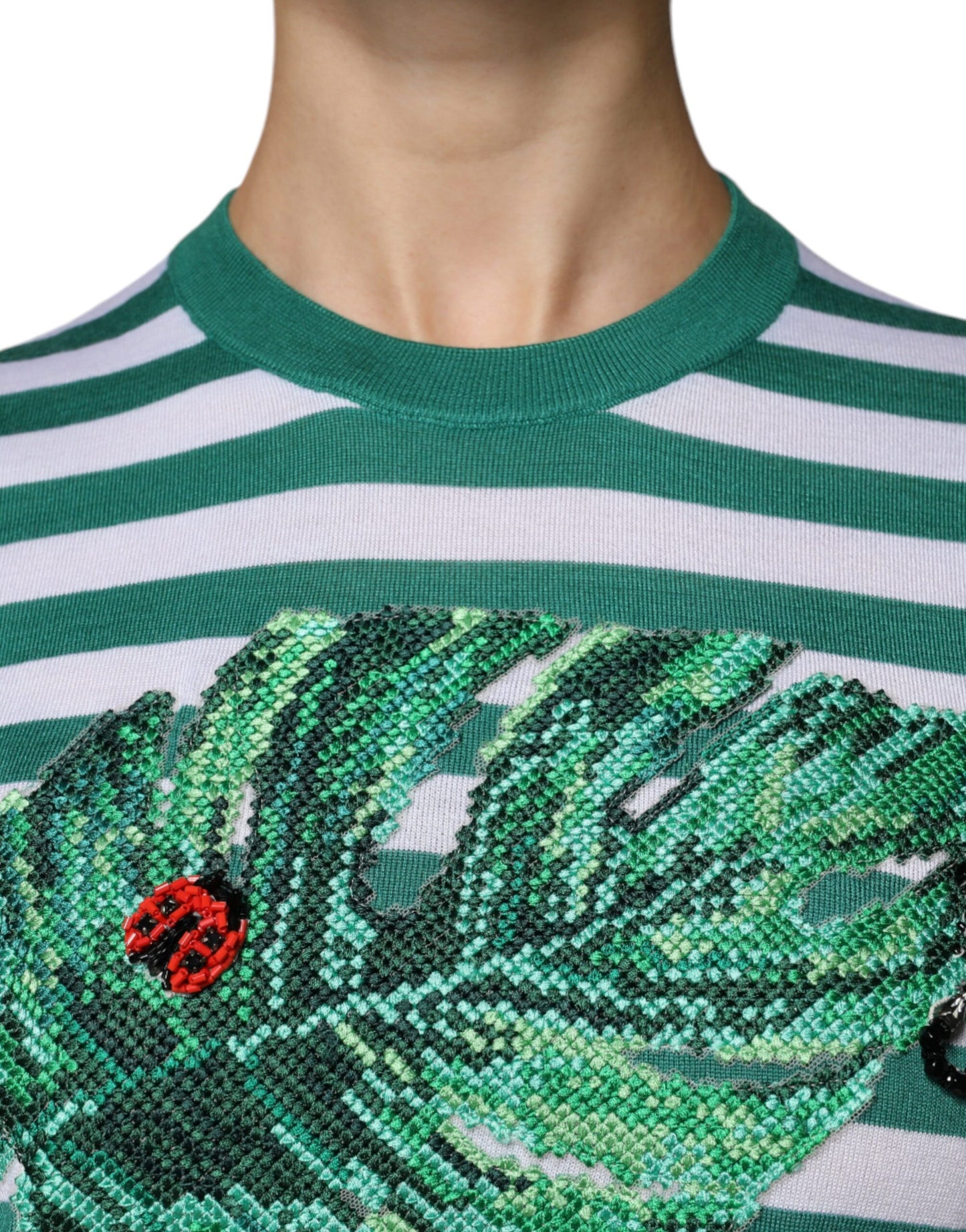 Dolce &amp; Gabbana White Green Stripe Leaf Crew Neck T-shirt