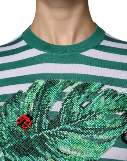 Dolce &amp; Gabbana White Green Stripe Leaf Crew Neck T-shirt