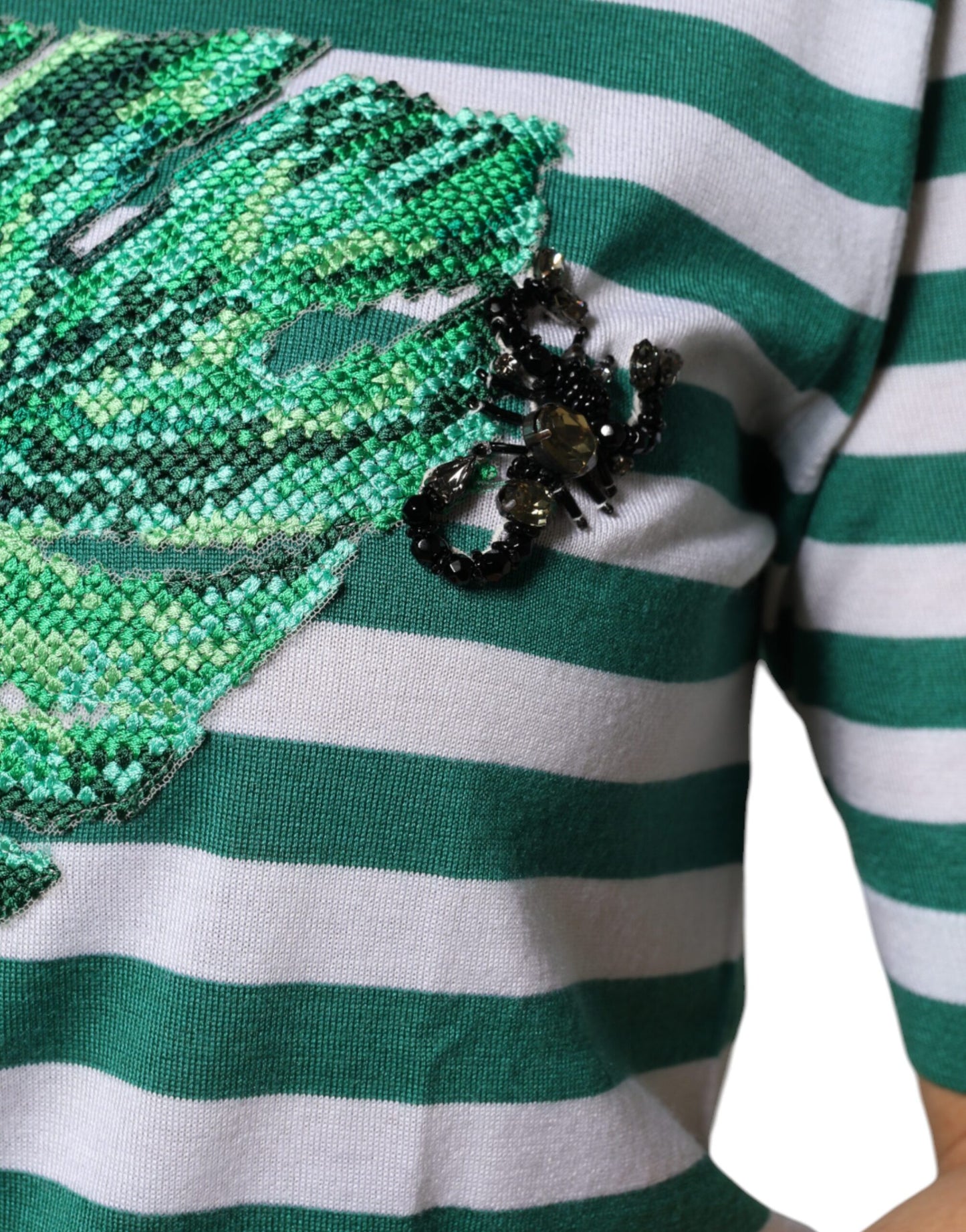 Dolce &amp; Gabbana White Green Stripe Leaf Crew Neck T-shirt