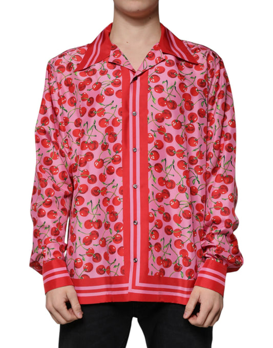 Camisa informal de seda con botones y estampado de cerezas en color rosa de Dolce &amp; Gabbana