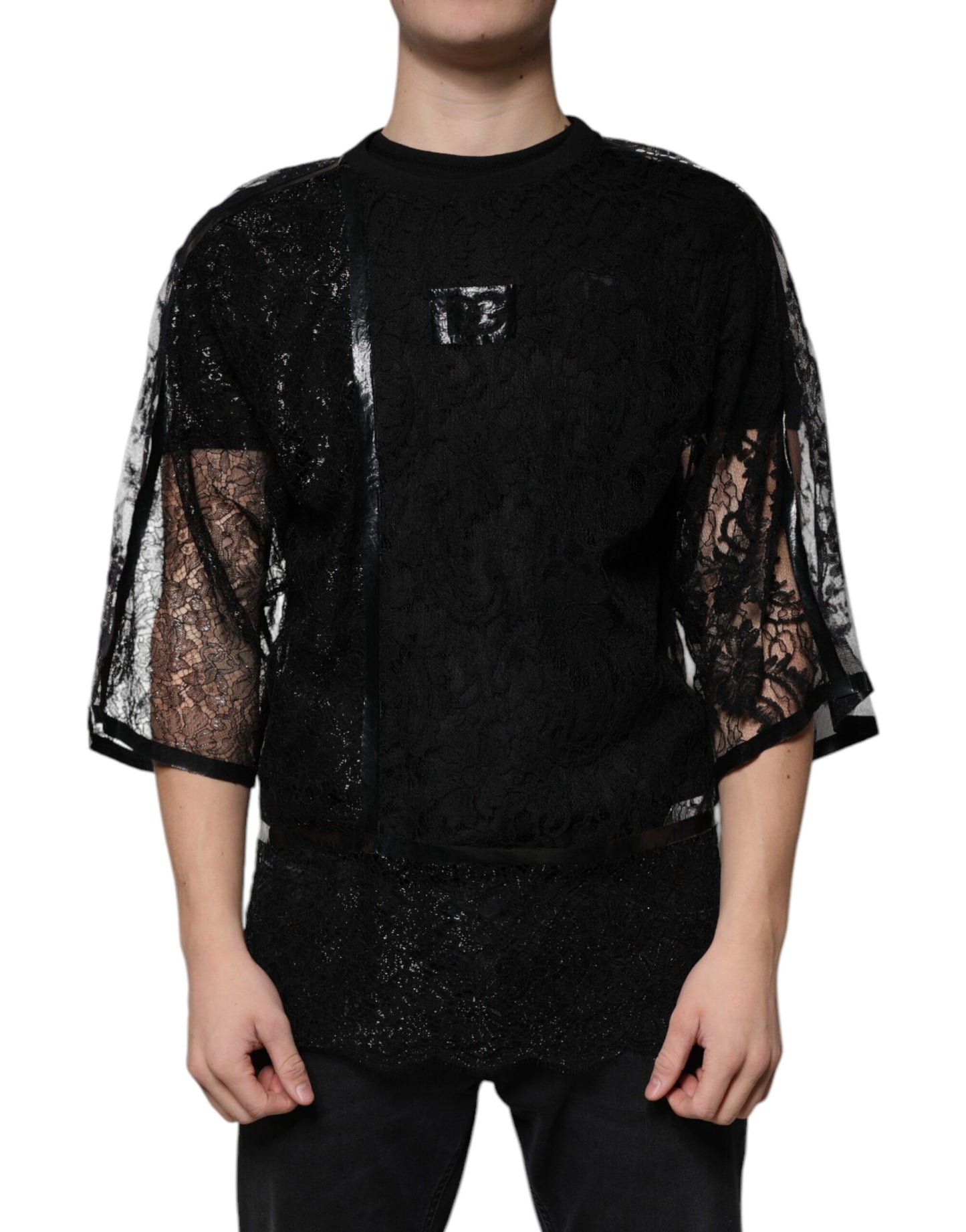Camiseta de cuello redondo con encaje floral de nailon negro de Dolce &amp; Gabbana