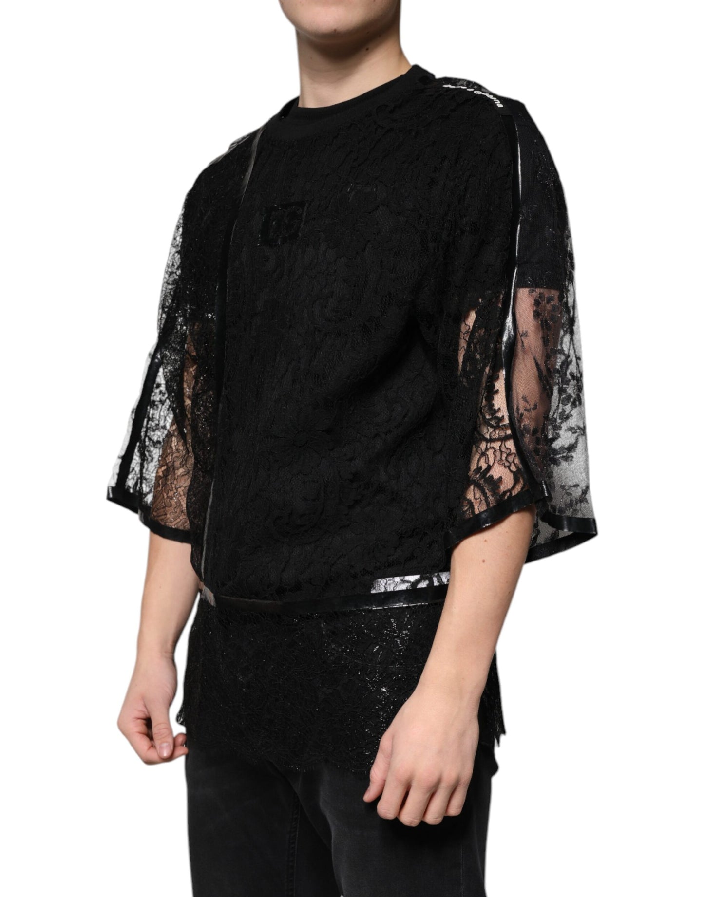 Camiseta de cuello redondo con encaje floral de nailon negro de Dolce &amp; Gabbana
