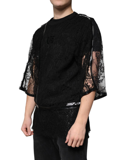 Camiseta de cuello redondo con encaje floral de nailon negro de Dolce &amp; Gabbana