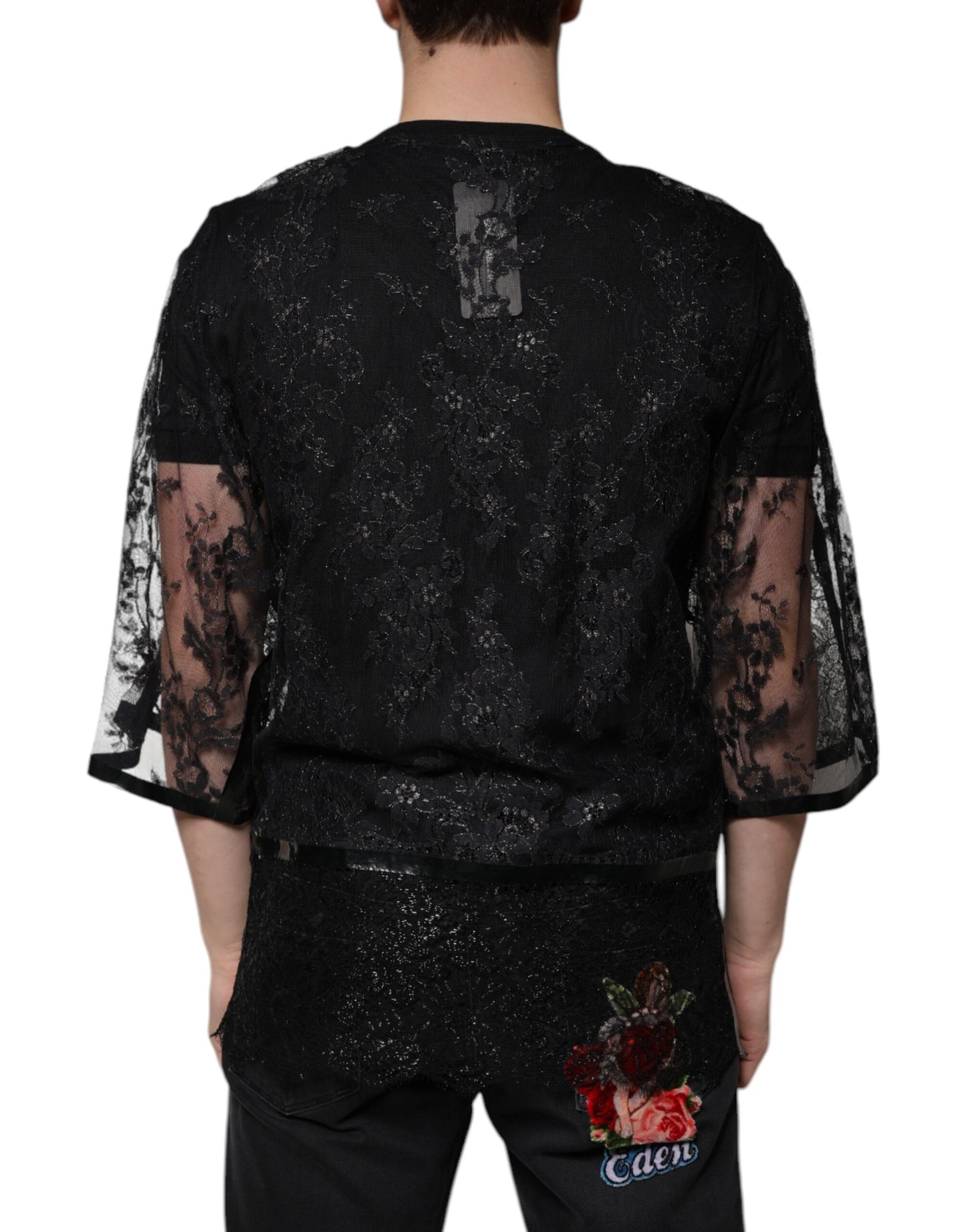 Camiseta de cuello redondo con encaje floral de nailon negro de Dolce &amp; Gabbana