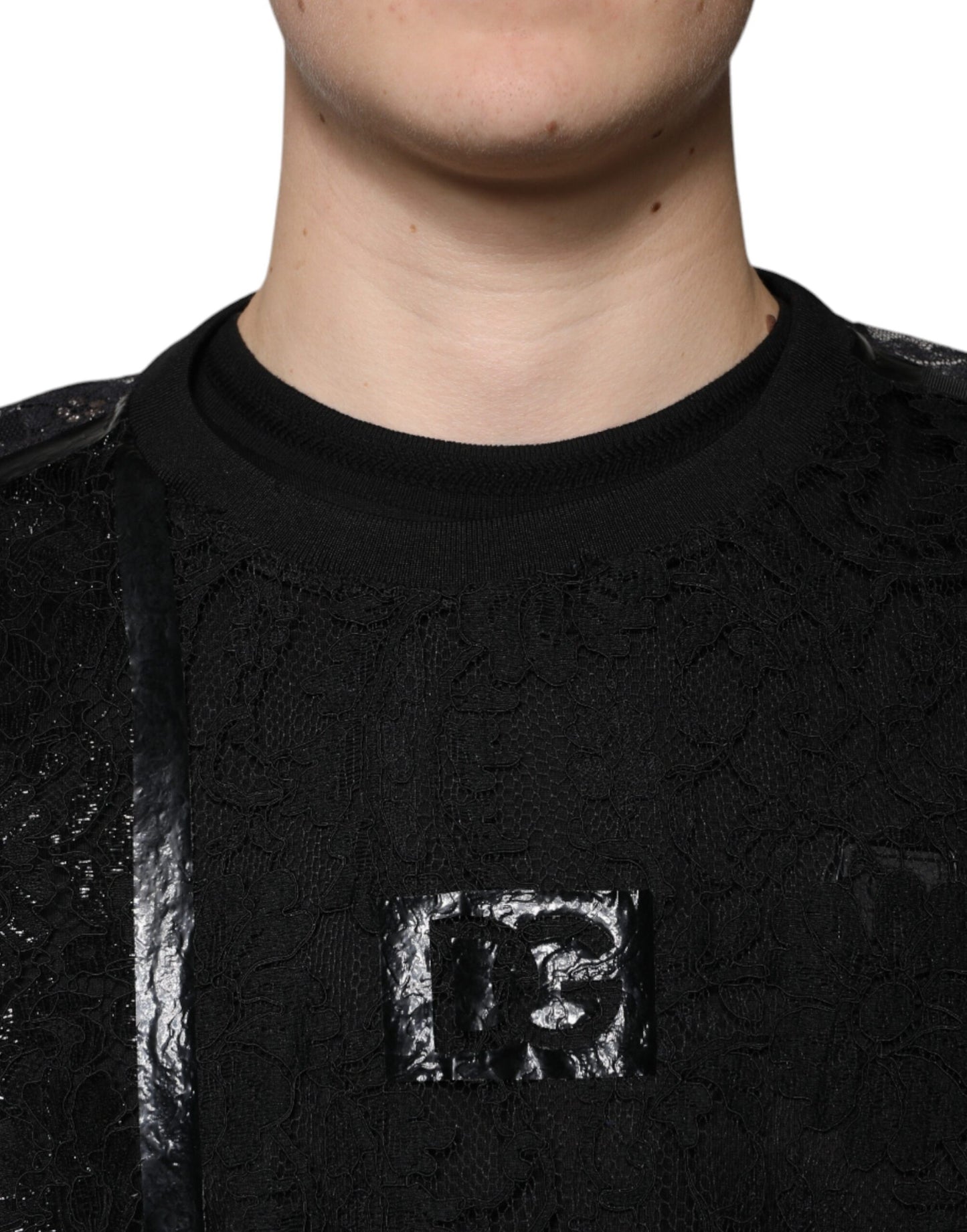 Camiseta de cuello redondo con encaje floral de nailon negro de Dolce &amp; Gabbana