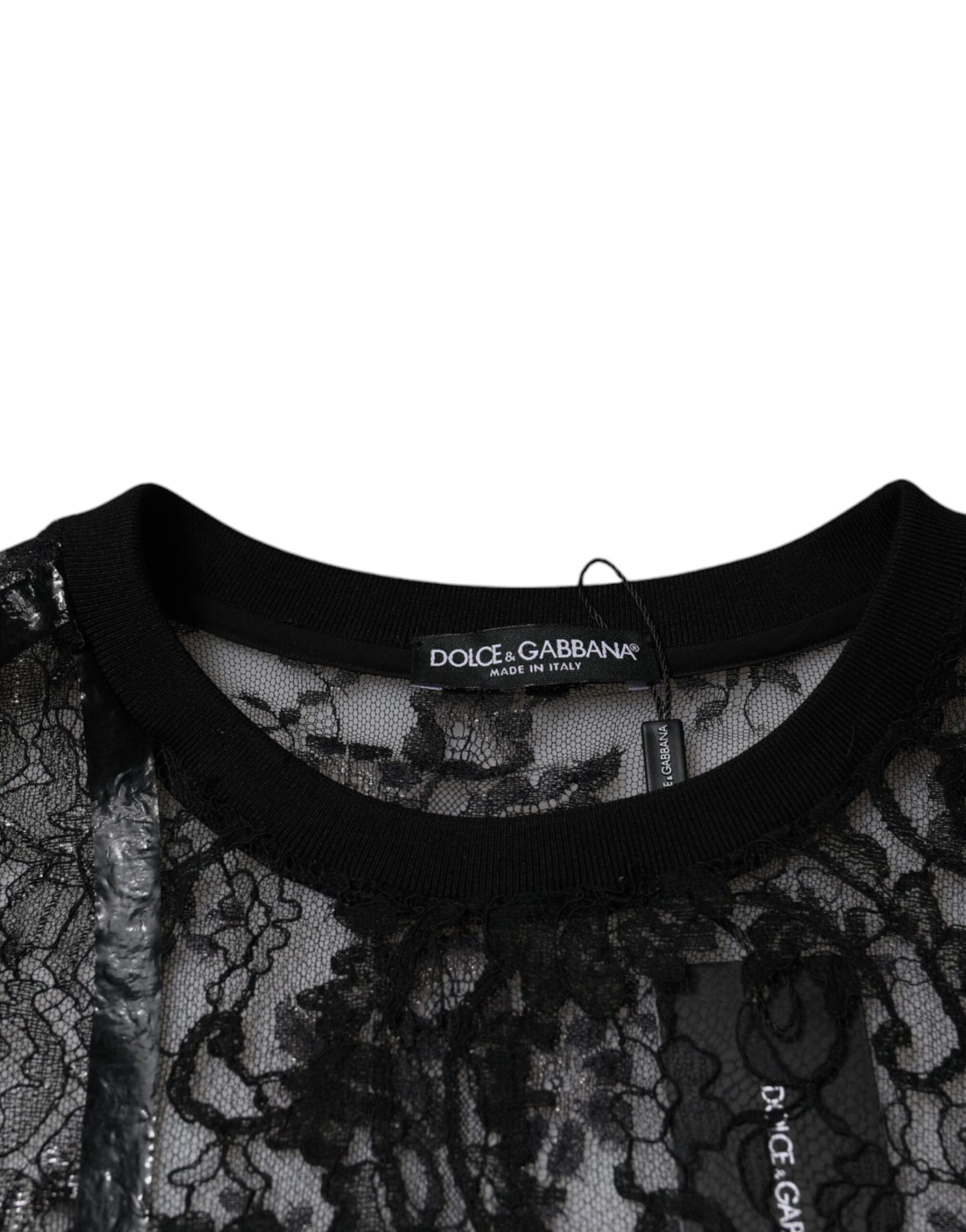 Camiseta de cuello redondo con encaje floral de nailon negro de Dolce &amp; Gabbana