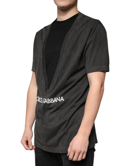 Dolce &amp; Gabbana Camiseta negra de manga corta con cuello redondo de algodón