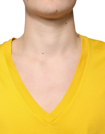 Camiseta de algodón amarilla de manga corta con cuello en V de Dolce &amp; Gabbana