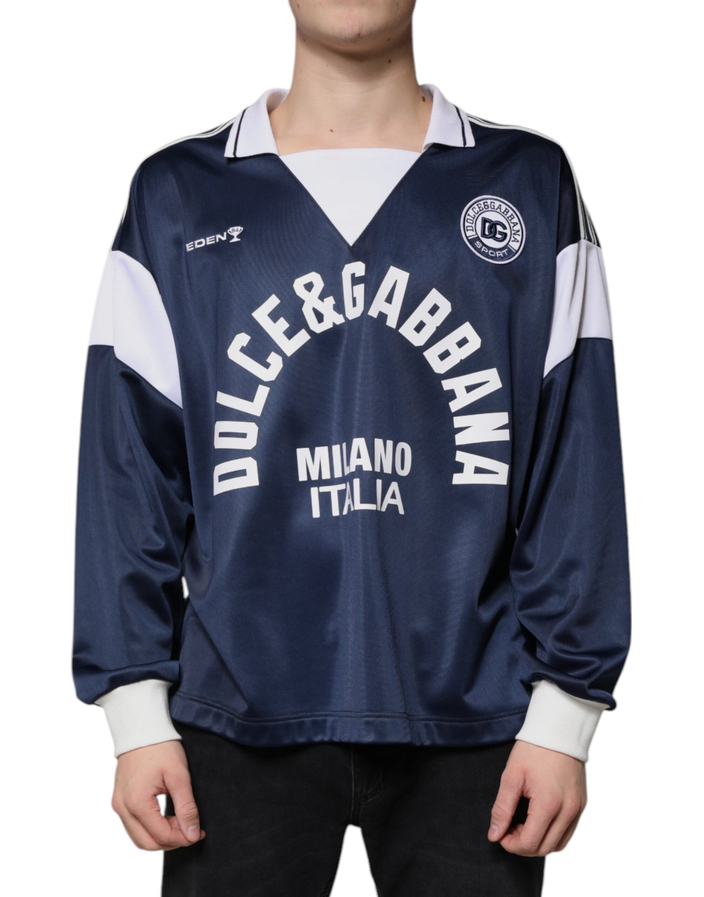 Camiseta de punto de manga larga azul y blanca Milano de Dolce &amp; Gabbana