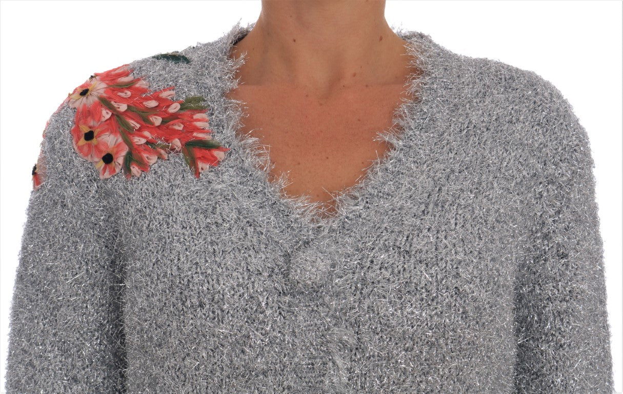 Dolce &amp; Gabbana Elegant Silver Floral Applique Cardigan