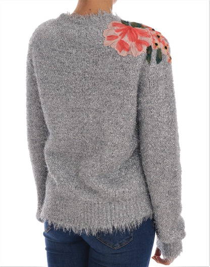 Dolce &amp; Gabbana Elegant Silver Floral Applique Cardigan