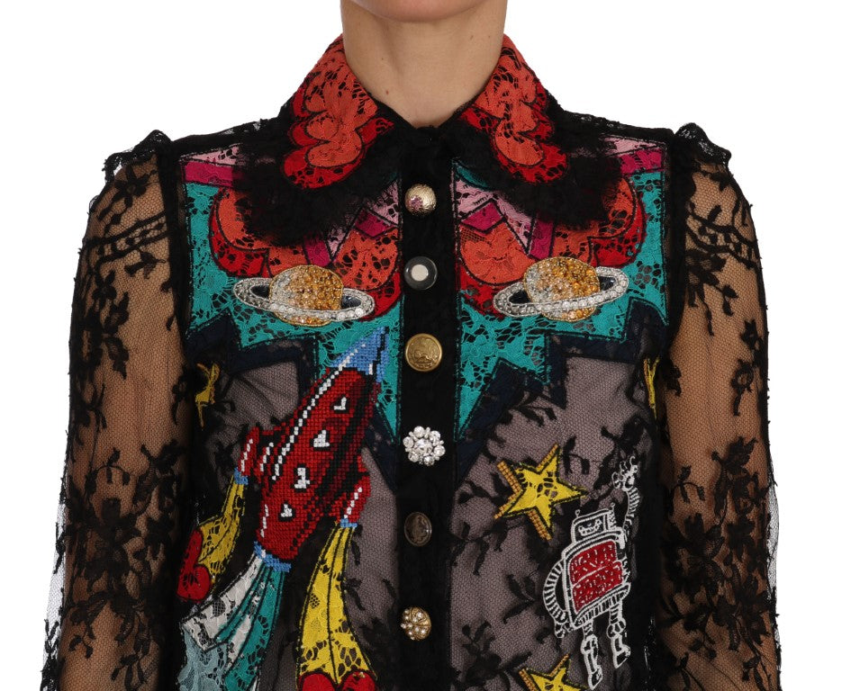 Dolce &amp; Gabbana Floral Lace Embroidered Blouse with Crystals