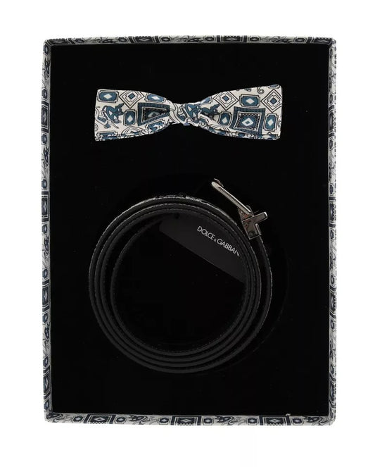 Conjunto de regalo con cinturón de cuero y pajarita de seda azul y blanco de Dolce &amp; Gabbana