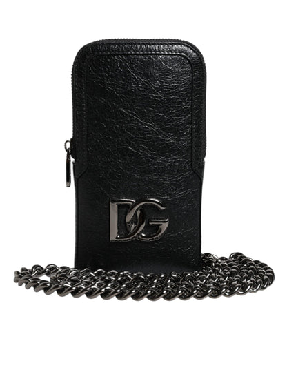 Bolso bandolera de cuero negro Dolce &amp; Gabbana con cadena para teléfono