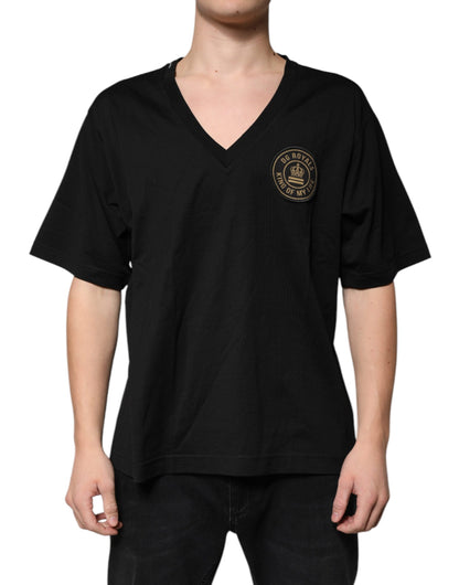 Camiseta de manga corta con cuello en V y logotipo de algodón negro de Dolce &amp; Gabbana
