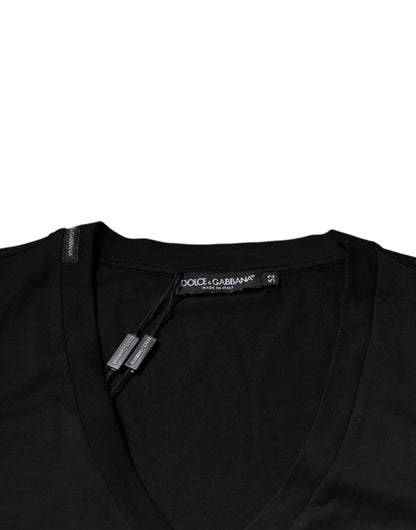 Camiseta de manga corta con cuello en V y logotipo de algodón negro de Dolce &amp; Gabbana
