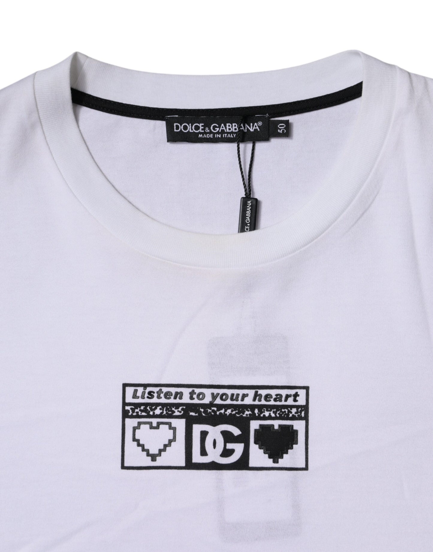 Dolce &amp; Gabbana White Logo Print Cotton Crew Neck T-shirt