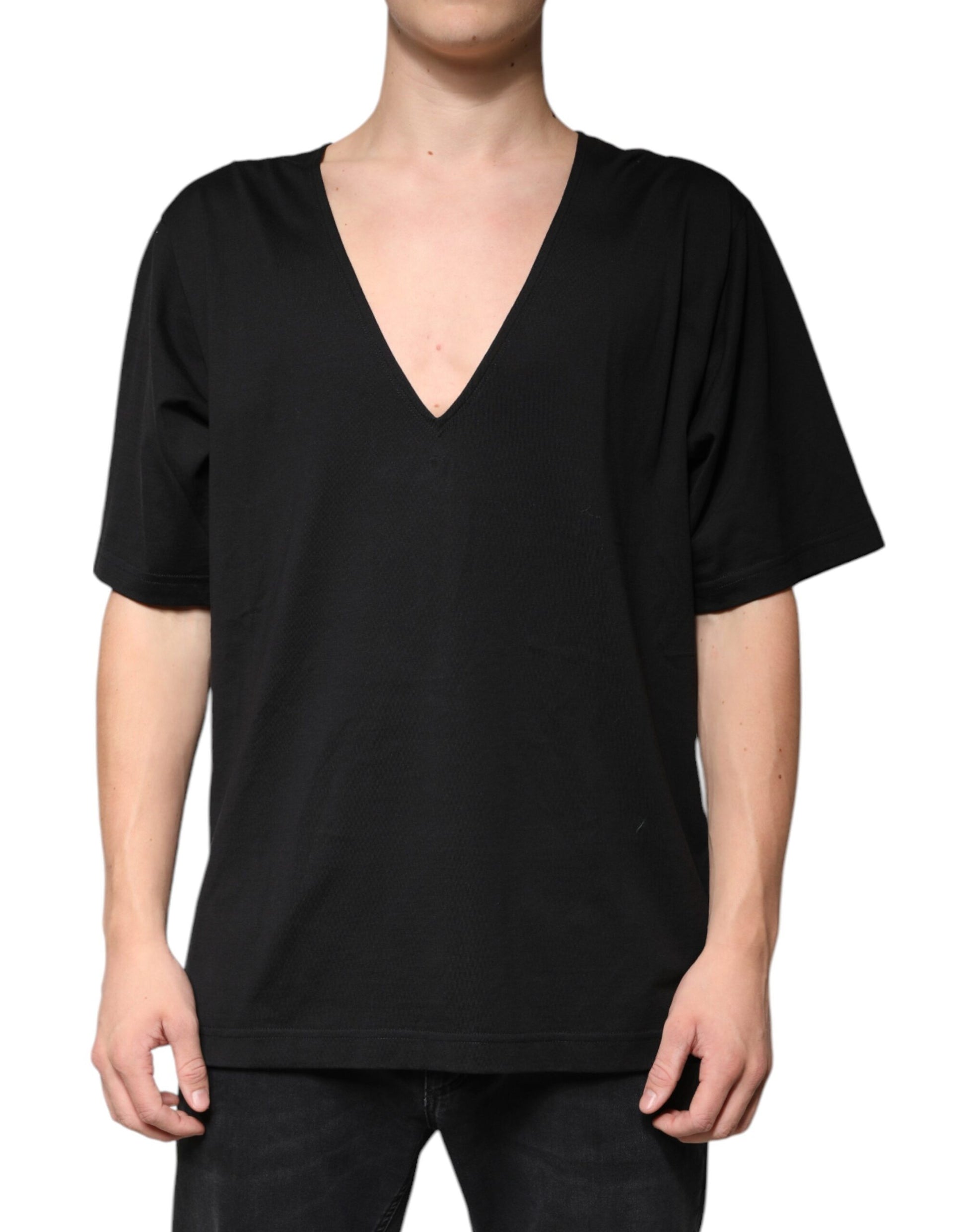 Dolce & Gabbana Black Cotton V - neck Short Sleeves T-shirt – IT54 | XL par Dolce & Gabbana | Disponible sur Sandy Store ByNet