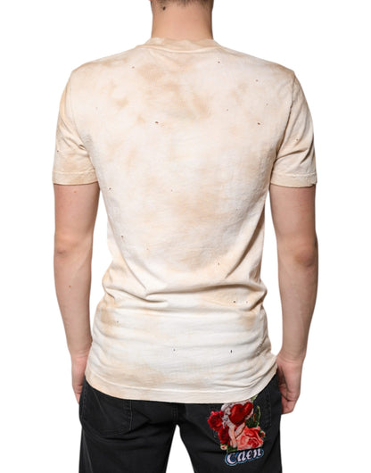 Camiseta de algodón con cuello en V y estampado gráfico beige de Dolce &amp; Gabbana