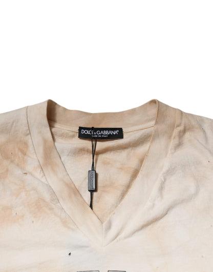 Camiseta de algodón con cuello en V y estampado gráfico beige de Dolce &amp; Gabbana